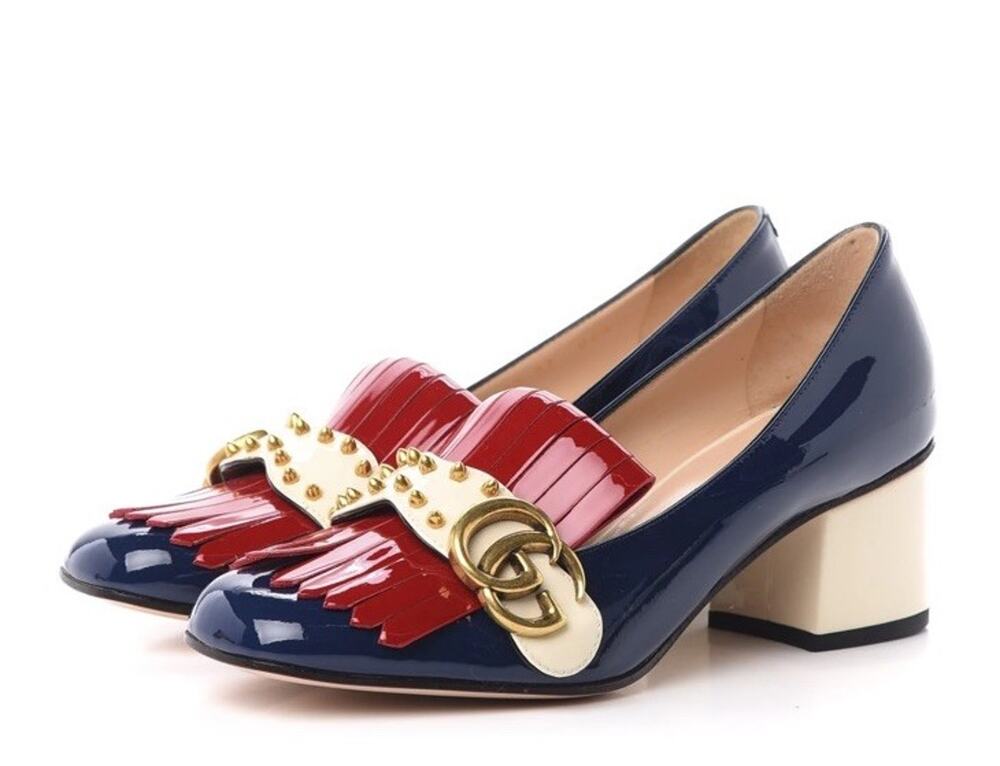 Gucci GG Marmont Fringe Studded Patent Leather Loafer Pumps 36.5 US 6.5